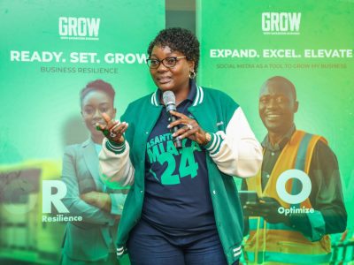 Lucille Aveva, Director Customer Obsession, Safaricom PLC addressing Entrepreneurs from Great Western Kenya at the GROW with Safaricom Business launch event held in Kisumu County