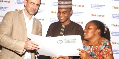 Theirworld President Dr. Justin Van Fleet, Global Youth Ambassadors, Dr. Ibrahim Bello (Nigeria) and Winnie Njeri (Kenya) during Theirworld Global Youth Ambassadors Summit in Nairobi on February 5.