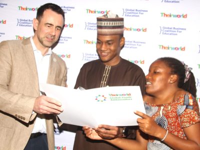 Theirworld President Dr. Justin Van Fleet, Global Youth Ambassadors, Dr. Ibrahim Bello (Nigeria) and Winnie Njeri (Kenya) during Theirworld Global Youth Ambassadors Summit in Nairobi on February 5.