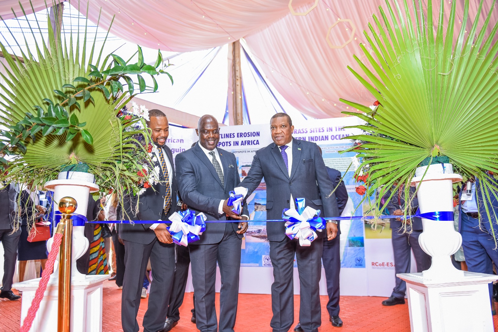 From left-PS Nixon Korir, Center Minister of Lands #Malawi -Hon. Deus Gumba , extreme right-RCMRD Governing Council Chair, also the PS, Ministry of Lands and Natural Resources, Zambia Hon. Patrick Mucheleka