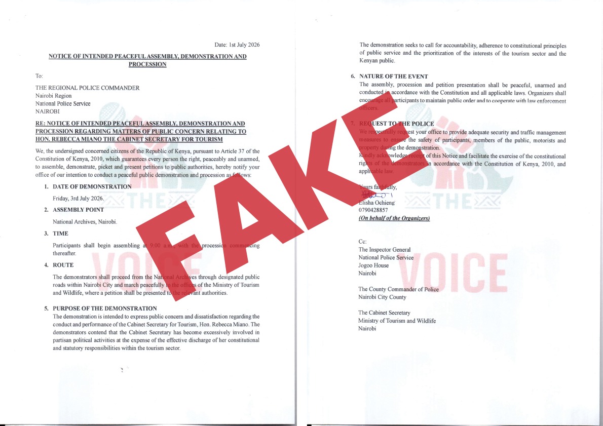 Circulating Protest Notice on Tourism CS Rebecca Miano Flagged as FAKE